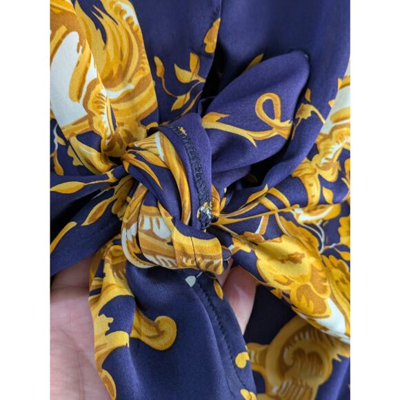Crisca Tunic Blouse Women 34 Baroque Print 100% Silk Long Sleeve Flowy Navy Gold - Picture 10 of 16